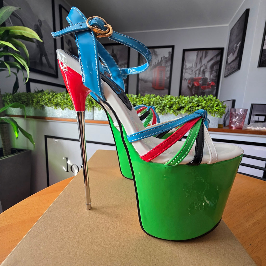 SHOES OF HOLLYWOOD RED BLUE AND GREEN STRAPPY 8 INCH STAINLESS STEEL HIGH HEEL STILETTO PLATFORM  SHOES 8 USA