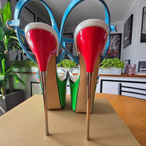 SHOES OF HOLLYWOOD RED BLUE AND GREEN STRAPPY 8 INCH STAINLESS STEEL HIGH HEEL STILETTO PLATFORM  SHOES 8 USA