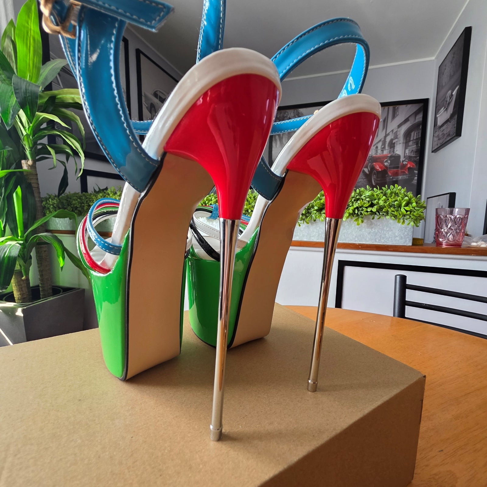 SHOES OF HOLLYWOOD RED BLUE AND GREEN STRAPPY 8 INCH STAINLESS STEEL HIGH HEEL STILETTO PLATFORM  SHOES 8 USA