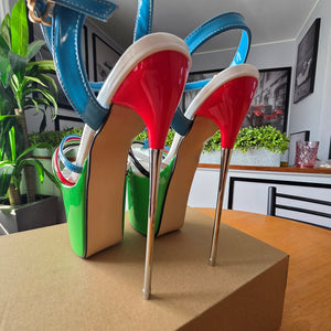 SHOES OF HOLLYWOOD RED BLUE AND GREEN STRAPPY 8 INCH STAINLESS STEEL HIGH HEEL STILETTO PLATFORM  SHOES 8 USA
