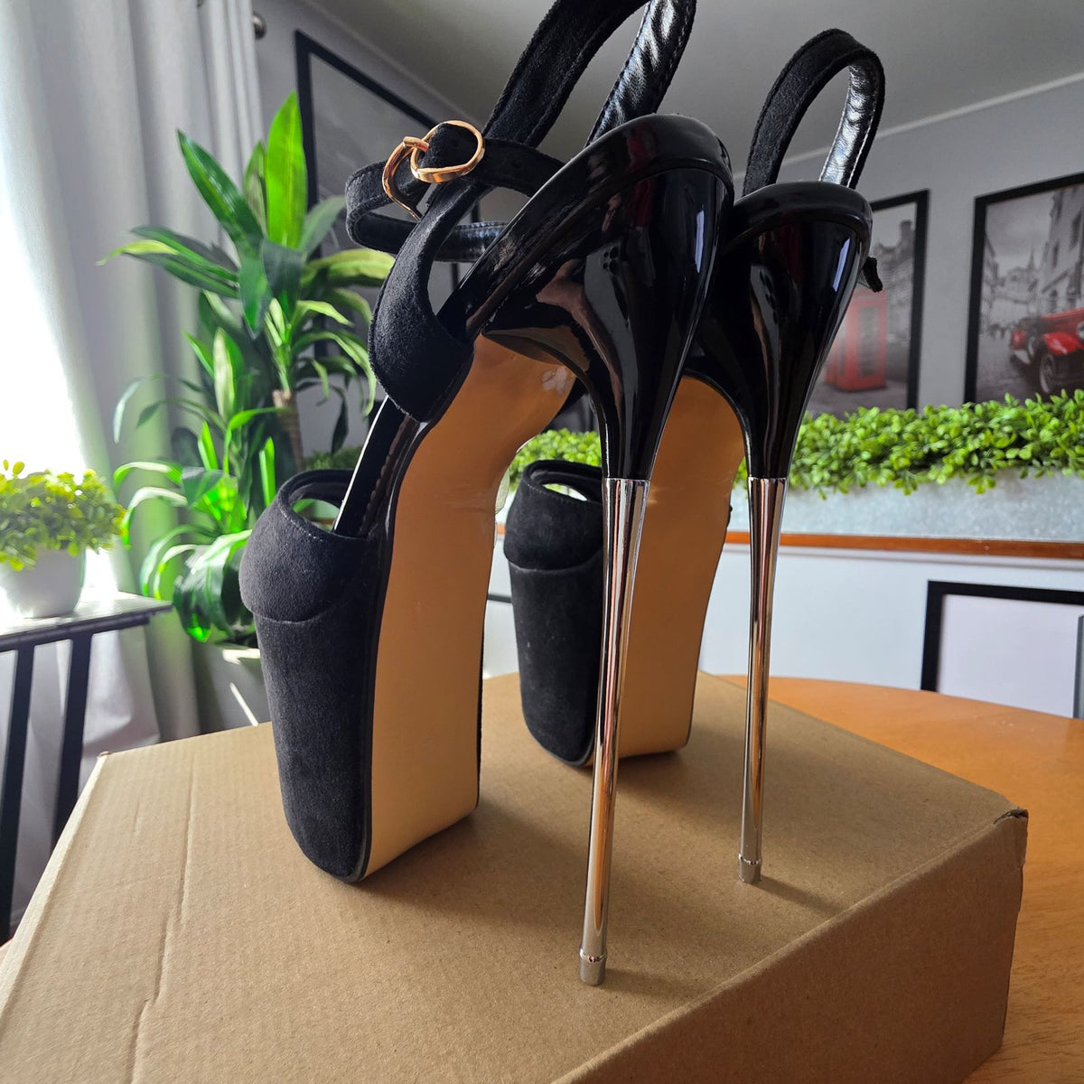 7 Inch Shoes SHOES OF HOLLYWOOD BLACK FAUX SUEDE STRAPPY 8 INCH STAINLESS STEEL HIG ...