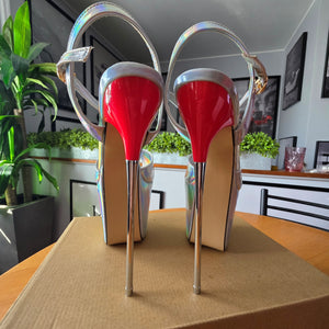 SHOES OF HOLLYWOOD SILVER HOLLOGRAM STRAPPY 8 INCH STAINLESS STEEL HIGH HEEL STILETTO PLATFORM  SHOES 8 USA