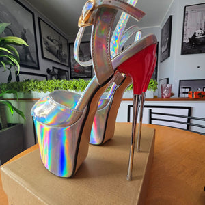SHOES OF HOLLYWOOD SILVER HOLLOGRAM STRAPPY 8 INCH STAINLESS STEEL HIGH HEEL STILETTO PLATFORM  SHOES 8 USA