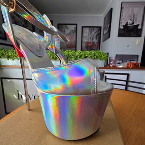 SHOES OF HOLLYWOOD SILVER HOLLOGRAM STRAPPY 8 INCH STAINLESS STEEL HIGH HEEL STILETTO PLATFORM  SHOES 8 USA
