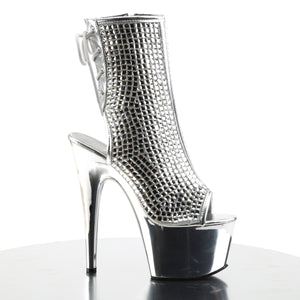 PLEASER ADORE-1018DCS RHINESTONE CHROME PLATED 7 INCH HIGH HEEL ANKLE BOOTS SIZE 7 USA SALE