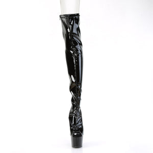 PLEASER ADORE-3011 BLACK SHINY OPEN TOE 7 INCH HIGH HEEL THIGH HIGH BOOTS SIZE 8 USA SALE