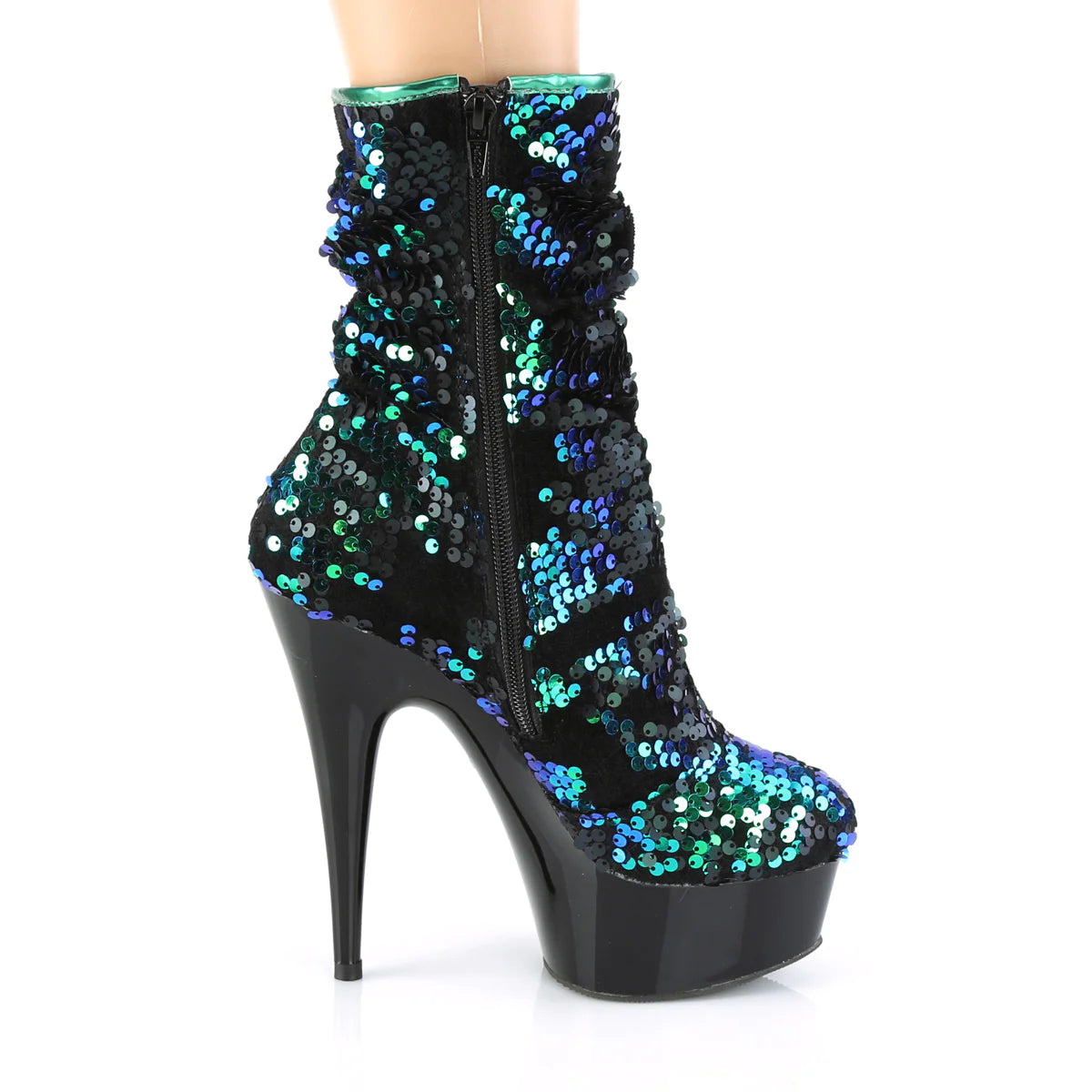 PLEASER DELIGHT-1004 GREEN IRIDESCENT SEQUIN 6 INCH HIGH HEEL ANKLE BOOTS SIZE 8 USA SALE