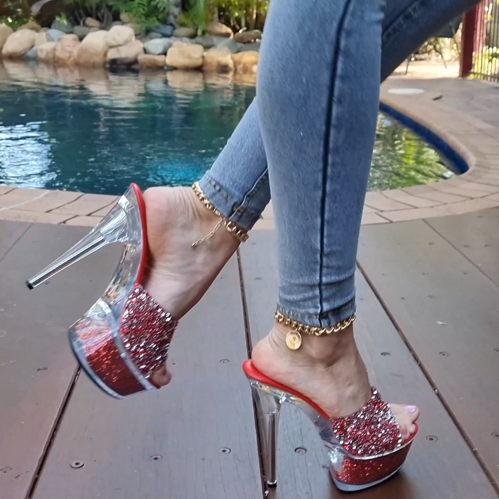 AMANDA CLEAR RED GLITTER 6 INCH HIGH HEEL PLATFORM SHOES SIZE 8 USA