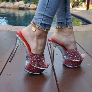 AMANDA CLEAR RED GLITTER 6 INCH HIGH HEEL PLATFORM SHOES SIZE 8 USA