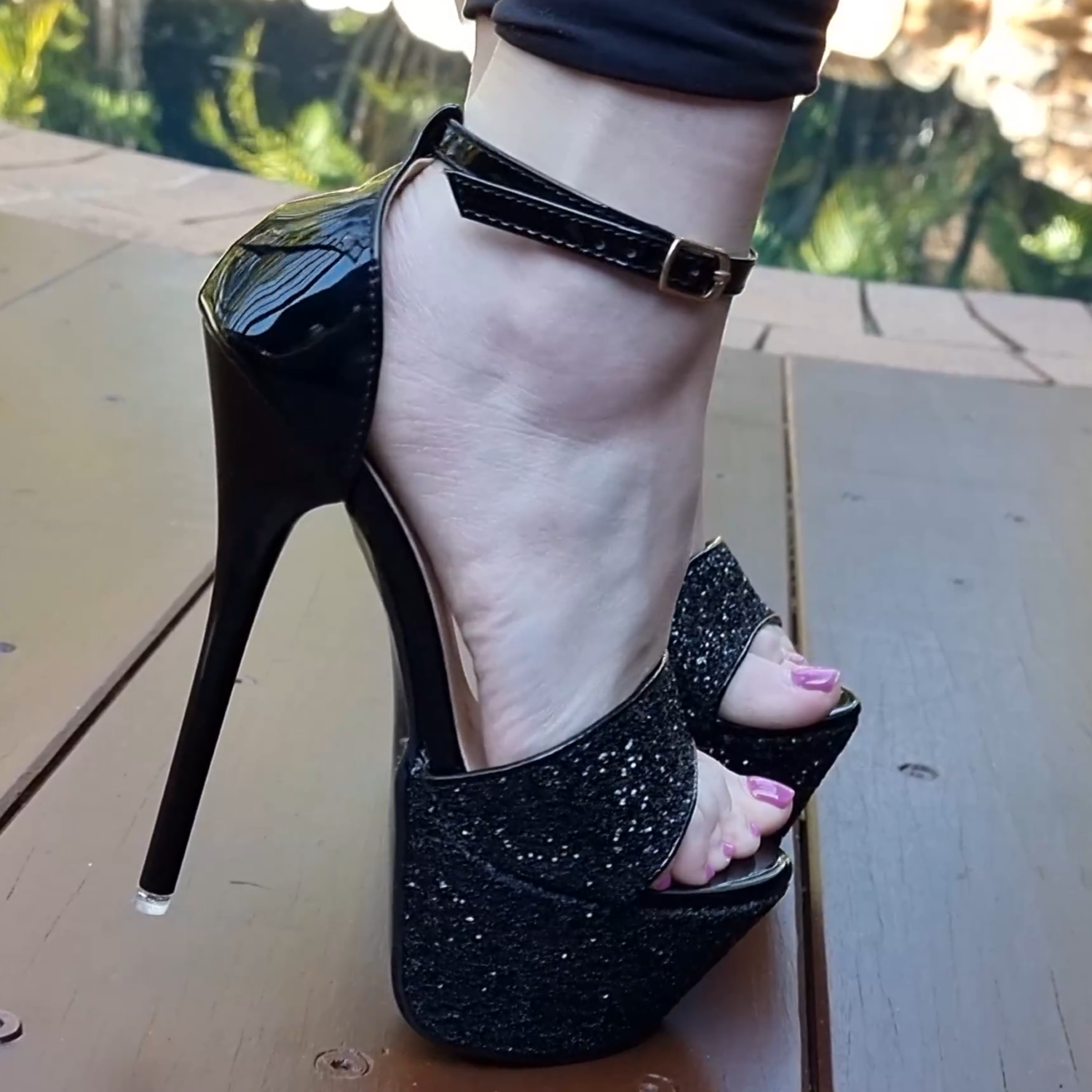 CATIE BLACK GLITTER 6 INCH HIGH HEEL PLATFORM SHOES MAGIC FASTEN BUCKLE 7 USA