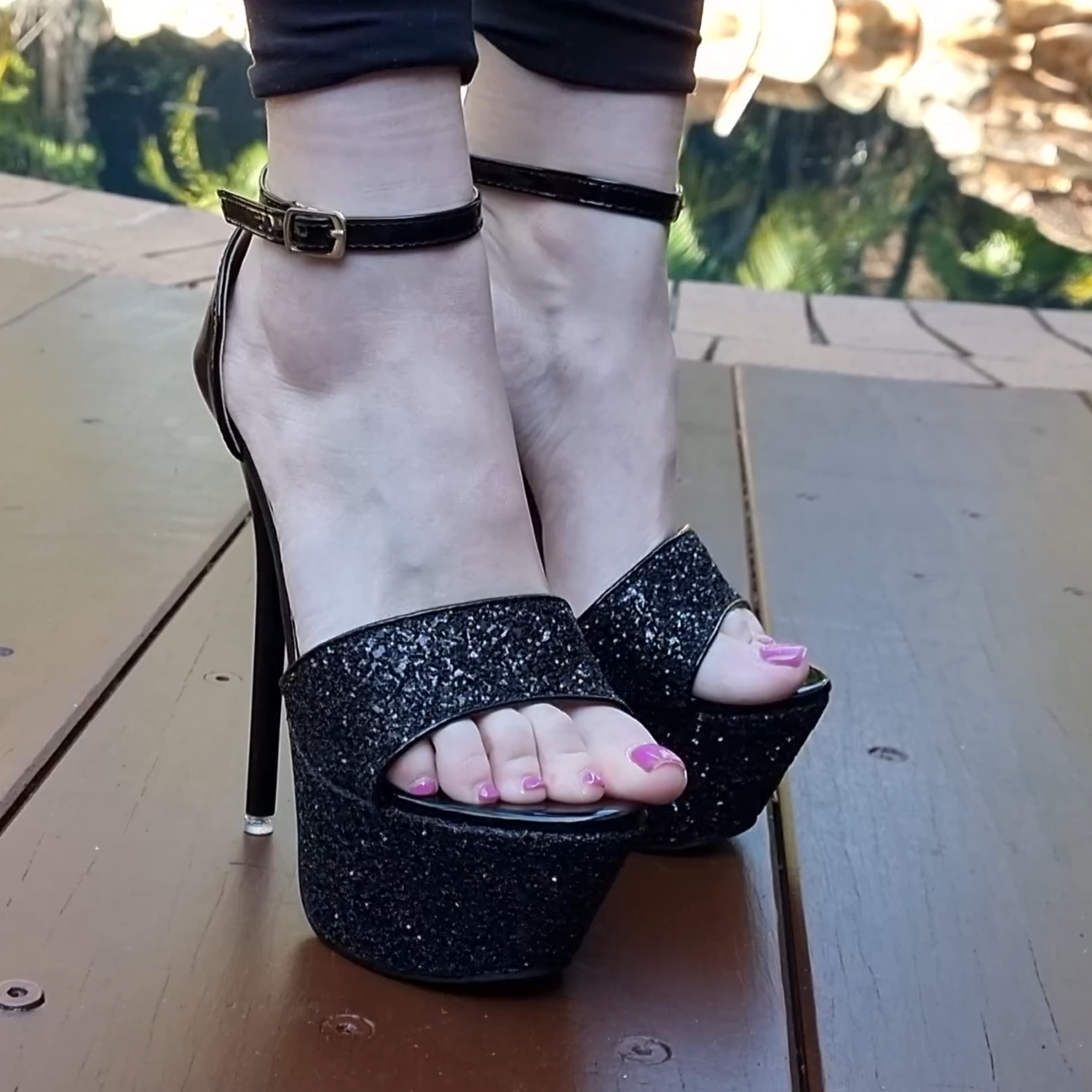 CATIE BLACK GLITTER 6 INCH HIGH HEEL PLATFORM SHOES MAGIC FASTEN BUCKLE 7 USA