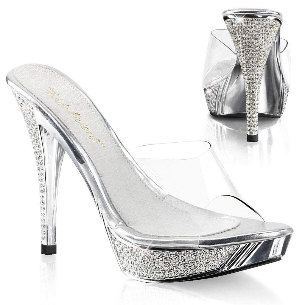 FABULICOUS ELEGANT-401 SILVER CHROME 4.5 INCH HIGH HEEL SHOES WITH RHINESTONES SIZE 8 USA SALE