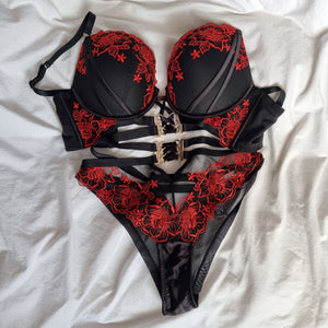 VAMP 2 PIECE RED BLACK GOLD BUCKLE BRA PANTY LINGERIE SET BRA 10E PANT –  Shoes Of Hollywood