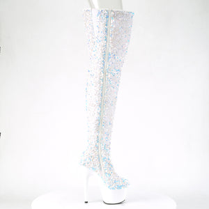 PLEASER ADORE-3020 WHITE MULTI SEQUIN 7 INCH THIGH HIGH BOOTS SIZE 8 USA SALE