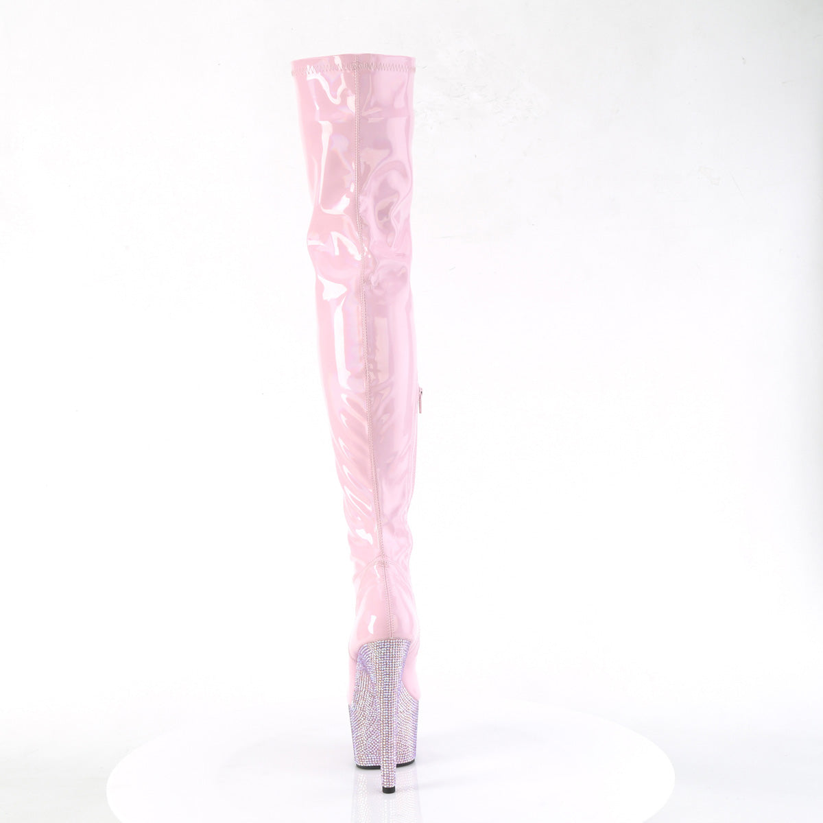 PLEASER BEJEWELED-3000-7 BABY PINK HOLOGRAM RHINESTONE 7 INCH THIGH HIGH BOOTS SIZE 8 USA