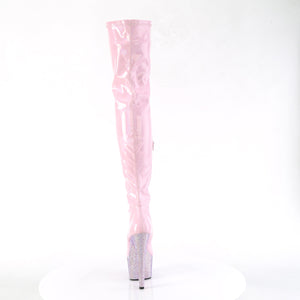 PLEASER BEJEWELED-3000-7 BABY PINK HOLOGRAM RHINESTONE 7 INCH THIGH HIGH BOOTS SIZE 8