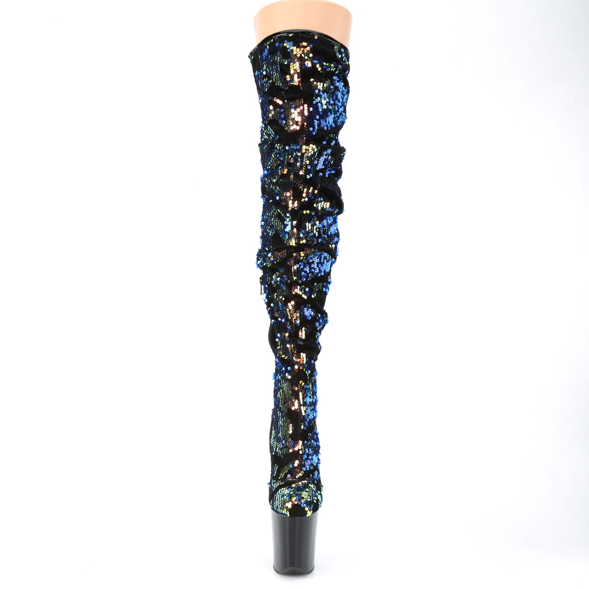 PLEASER FLAMINGO-3004 BLUE IRIDESCENT SEQUIN 8 INCH THIGH HIGH BOOTS SALE SIZE 9