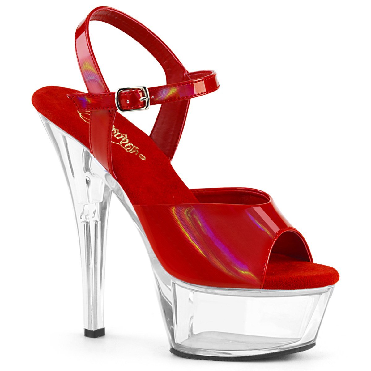 PLEASER KISS-209BHG RED BRUSHED HOLOGRAPHIC CLEAR 6 INCH HIGH HEEL PLATFORM SHOES SIZE 6