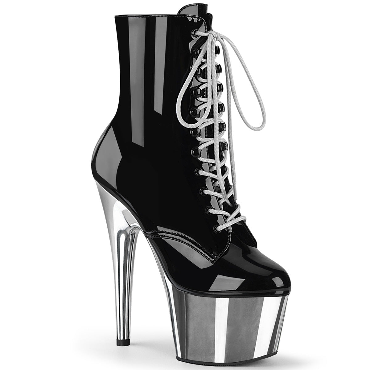 PLEASER ADORE-1020 SILVER CHROME BLACK 7 INCH HIGH HEEL ANKLE BOOTS SIZE 7 USA SALE