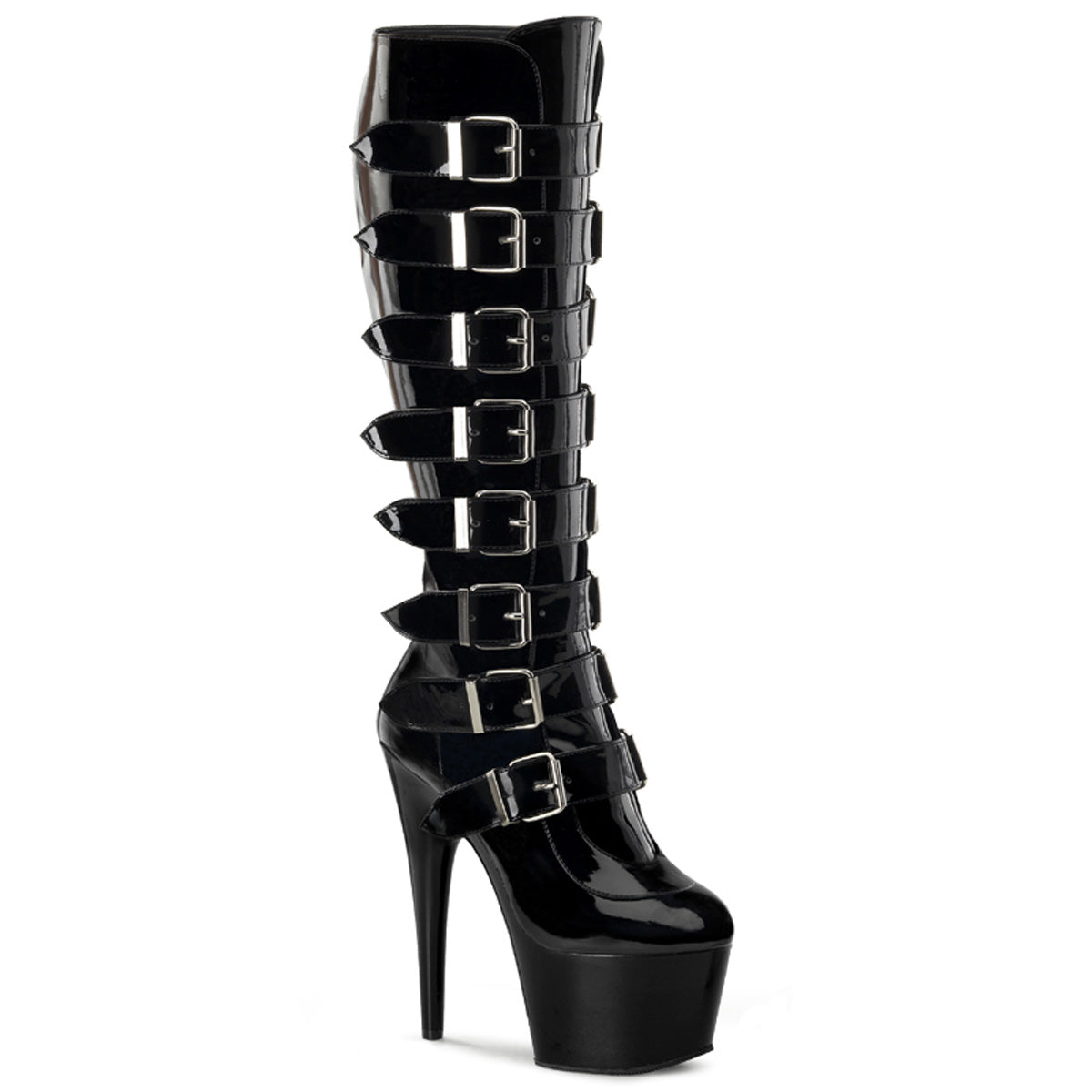 PLEASER ADORE-2043 BLACK SHINY GOTH BUCKLE KNEE HIGH BOOTS SIZE 8 USA SALE