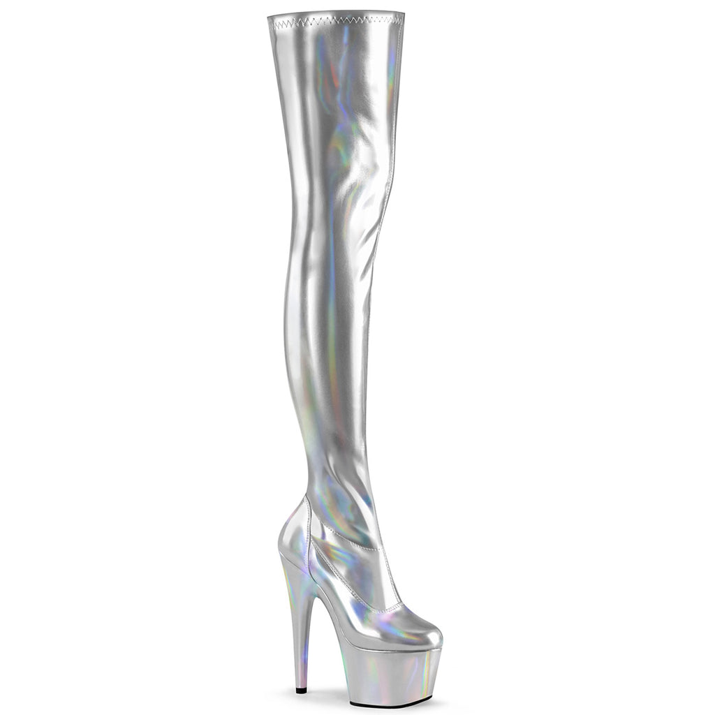 PLEASER ADORE-3000HWR SILVER 7 INCH THIGH HIGH BOOTS SIZE 8 USA
