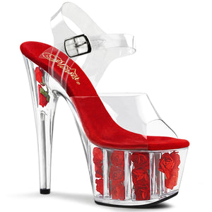 PLEASER ADORE-708FL RED ROSES FILLED CLEAR 7 INCH HIGH HEEL PLATFORM SHOES SIZE 7