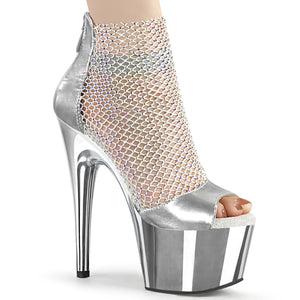 PLEASER ADORE-765 SILVER PLATED RHINESTONE MESH 7 INCH HIGH HEEL PLATFORM SHOES SIZE 8