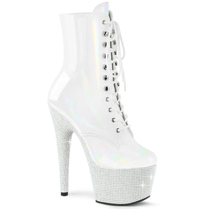 PLEASER BEJEWELED-1020-7 WHITE HOLOGRAM RHINESTONE 7 INCH HIGH HEEL ANKLE BOOTS