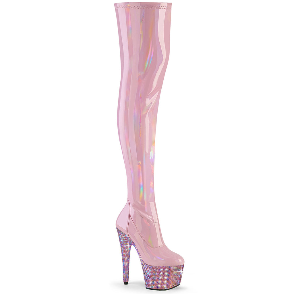 PLEASER BEJEWELED-3000-7 BABY PINK HOLOGRAM RHINESTONE 7 INCH THIGH HIGH BOOTS SIZE 8