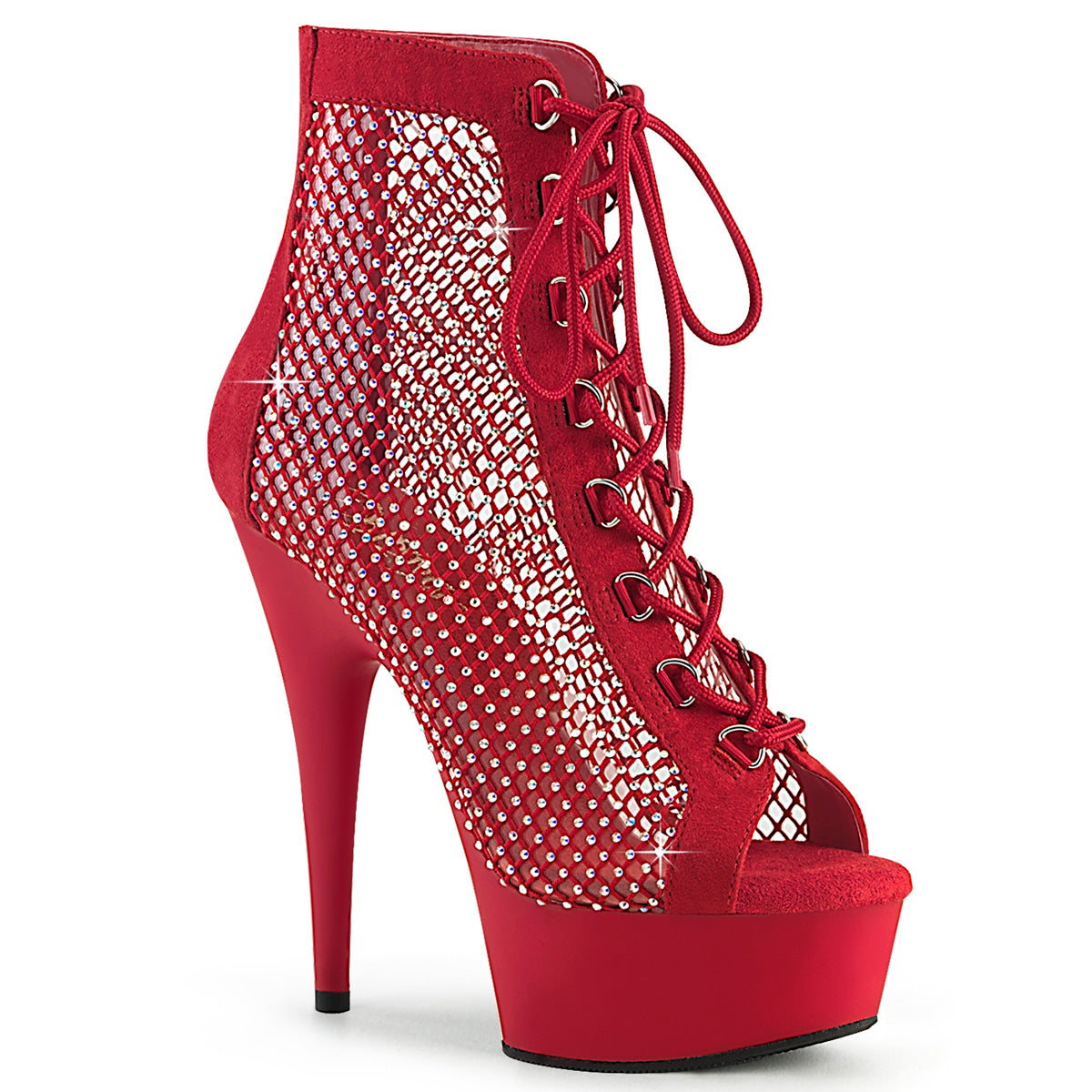 PLEASER DELIGHT-600-33RM RED PEEP TOE ANKLE BOOTS WITH RHINESTONE MESH SIZE 8 USA SALE
