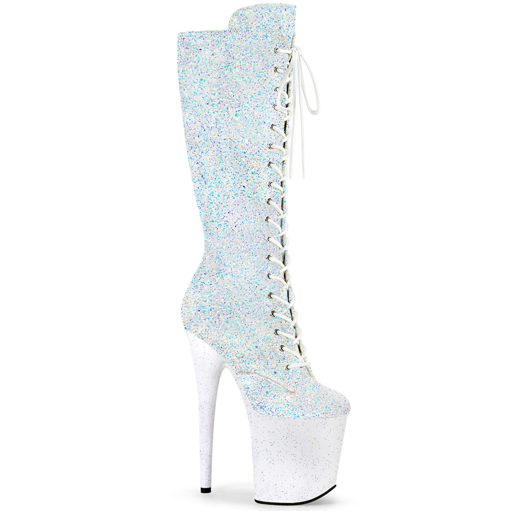 PLEASER FLAMINGO-2020MG WHITE IRIDESCENT GLITTER 8 INCH KNEE HIGH BOOTS SIZE 9 SALE