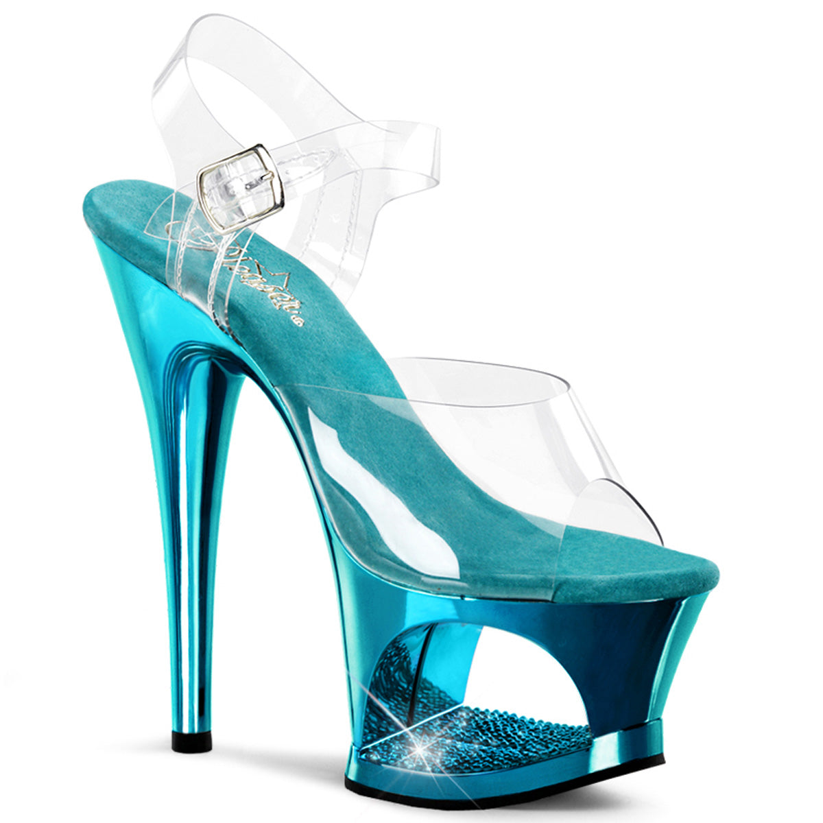 PLEASER MOON-708DMCH TURQUOISE RHINESTONE 7 INCH HIGH HEEL PLATFORM SHOES SIZE 6 USA SALE